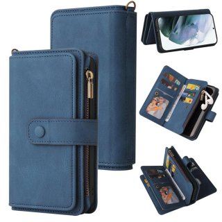 Samsung Galaxy S22 Ultra Wallet 15 Card Slots Case with Wrist Strap Blue