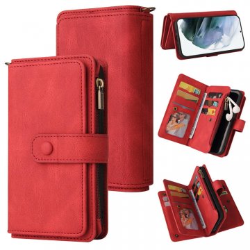 For Samsung Galaxy S21 Plus Wallet 15 Card Slots Case with Wrist Strap Red