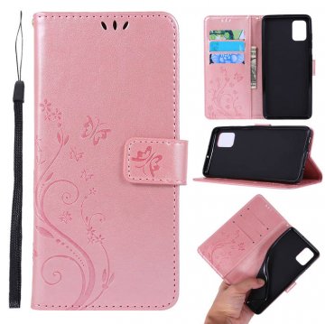 Samsung Galaxy A51 Butterfly Pattern Wallet Magnetic Stand Case Rose Gold