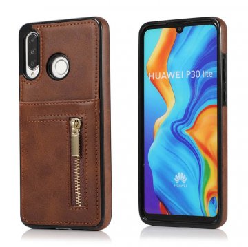 Huawei P30 Lite Zipper Wallet PU Leather Case Cover Coffee