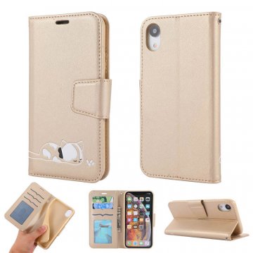 iPhone XR Cat Pattern Wallet Magnetic Stand PU Leather Case Gold