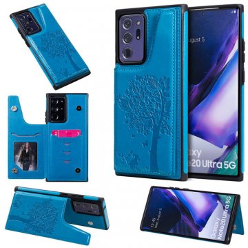Samsung Galaxy Note 20 Ultra Embossed Tree Cat Magnetic Clasp Wallet Stand Case Blue