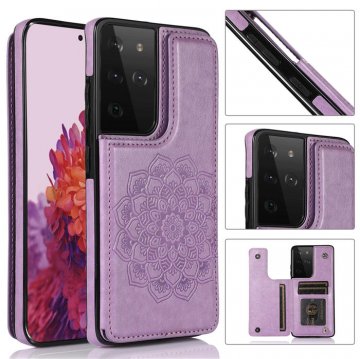 Mandala Embossed Samsung Galaxy S21 Ultra Case with Card Holder Purple