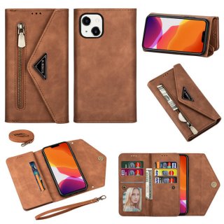 iPhone 13 Crossbody Lanyard Zipper Pocket Wallet Case Brown