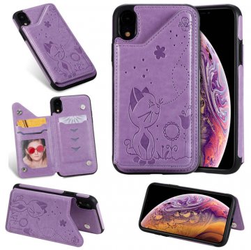 iPhone XR Bee and Cat Embossing Magnetic Card Slots Stand Cover Purple