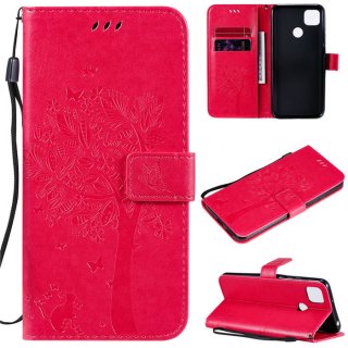 Xiaomi Redmi 9C Embossed Tree Cat Butterfly Wallet Stand Case Rose