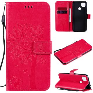 Xiaomi Redmi 9C Embossed Tree Cat Butterfly Wallet Stand Case Rose