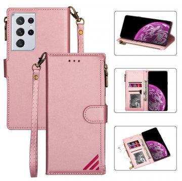 Samsung Galaxy S21/S21 Plus/S21 Ultra Zipper Wallet Magnetic Stitching Leather Case Rose Gold