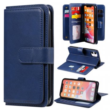 iPhone 11 Multi-function 10 Card Slots Wallet PU Leather Case Dark Blue