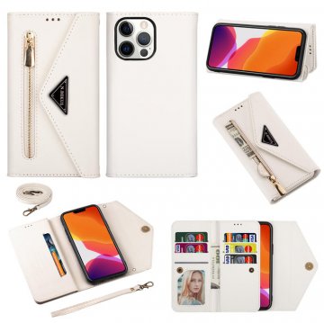 iPhone 13 Pro Max Crossbody Lanyard Zipper Pocket Wallet Case White