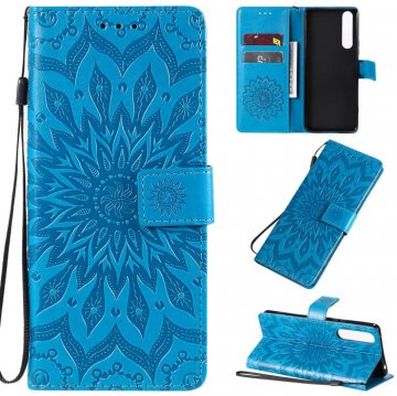 Sony Xperia 1 II Embossed Sunflower Wallet Stand Case Blue