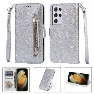 Samsung Galaxy S21/S21 Plus/S21 Ultra Zipper Pocket Bling Glitter Leather Case Silver