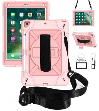 iPad 9.7 inch 2018/2017 Kickstand Hand Strap and Detachable Shoulder Strap Cover Rose Gold