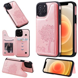 iPhone 12 Pro Embossed Tree Cat Magnetic Clasp Wallet Stand Case Rose Gold