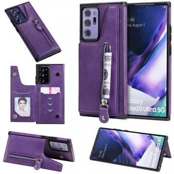 Samsung Galaxy Note 20 Zipper Pocket Card Slots Magnetic Clasp Stand Case Purple