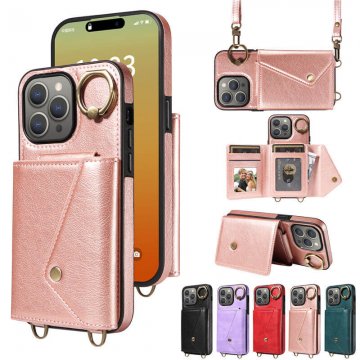 Wallet Kickstand Litchi Texture Case with Shoulder Strap Rose Gold