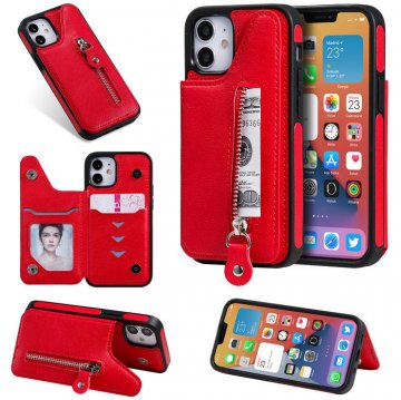 iPhone 12 Mini Zipper Pocket Card Slots Magnetic Clasp Stand Case Red