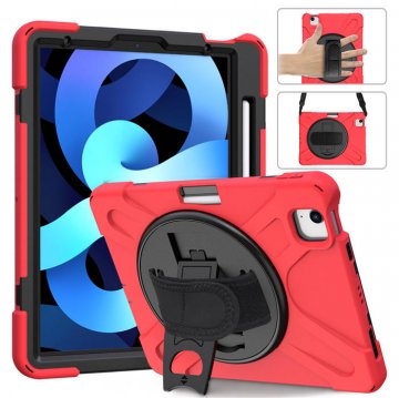 iPad Air 4 10.9 inch 2020 Heavy Duty Rugged Kickstand Hand Strap and Shoulder Strap Case Red