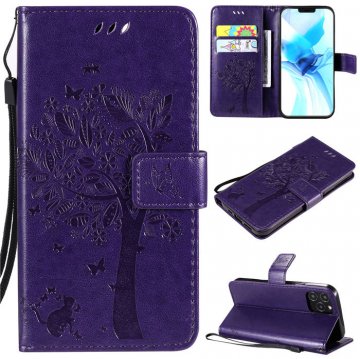 iPhone 12 Pro Embossed Tree Cat Butterfly Wallet Stand Case Purple