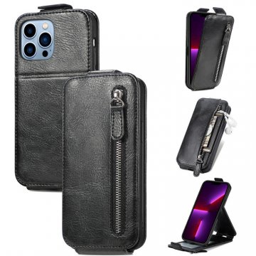 Zipper Pocket Vertical Flip Wallet Stand Case Black For iPhone