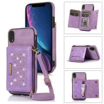 Bling Crossbody Bag Wallet iPhone XR Case with Lanyard Strap Purple