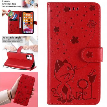 iPhone 11 Embossed Cat Bee Wallet Magnetic Stand Case Red