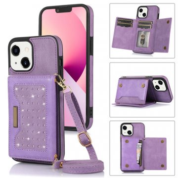 Bling Crossbody Bag Wallet iPhone 13 Case with Lanyard Strap Purple