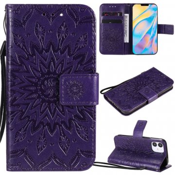 iPhone 12 Mini Embossed Sunflower Wallet Magnetic Stand Case Purple