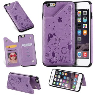 iPhone 6 Plus/6s Plus Bee and Cat Embossing Card Slots Stand Cover Purple