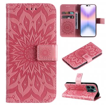 Embossed Sunflower iPhone 14 Pro Max Wallet Magnetic Case Pink