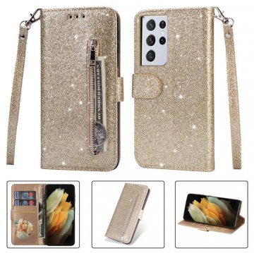 Samsung Galaxy S21/S21 Plus/S21 Ultra Zipper Pocket Bling Glitter Leather Case Gold