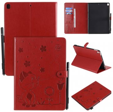 iPad Pro 10.2 inch 2019 Embossed Cat Wallet Stand Leather Case Red