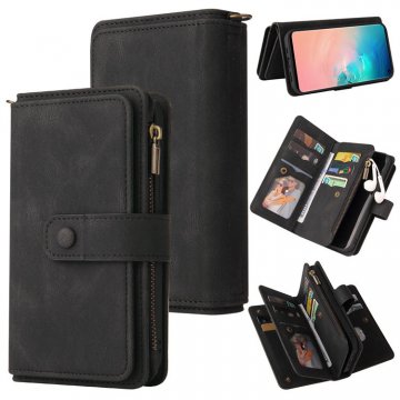 For Samsung Galaxy S10 Wallet 15 Card Slots Case with Wrist Strap Black