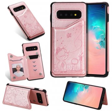 Samsung Galaxy S10 Bee and Cat Magnetic Card Slots Stand Cover Rose Gold