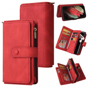 For Samsung Galaxy S21 Ultra Wallet 15 Card Slots Case with Wrist Strap Red