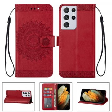 Samsung Galaxy S21/S21 Plus/S21 Ultra Wallet Embossed Totem Pattern Stand Case Red