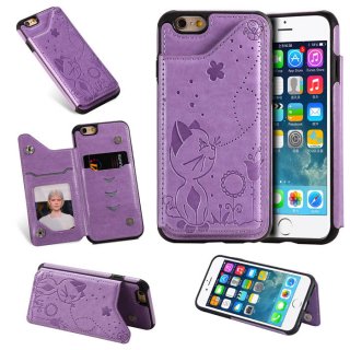 iPhone 6/6s Bee and Cat Embossing Magnetic Card Slots Stand Cover Purple