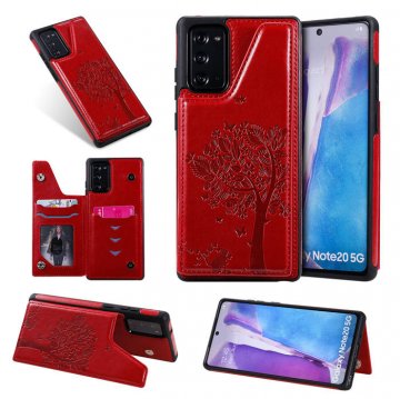 Samsung Galaxy Note 20 Embossed Tree Cat Magnetic Clasp Wallet Stand Case Red