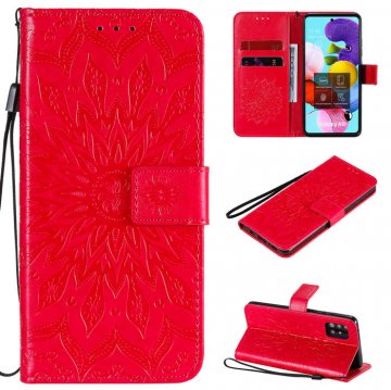 Samsung Galaxy A51 5G Embossed Sunflower Wallet Stand Case Red