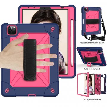 iPad Air 4 10.9 inch 2020 Kickstand Hand strap and Detachable Shoulder Strap Cover Navy Blue + Rose