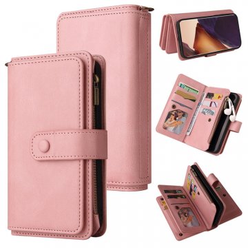For Samsung Galaxy Note 20 Ultra Wallet 15 Card Slots Case with Wrist Strap Pink