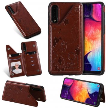 Samsung Galaxy A50 Bee and Cat Magnetic Card Slots Stand Cover Brown
