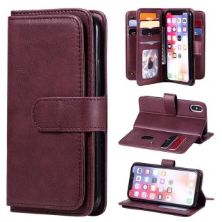 iPhone X/XS Multi-function 10 Card Slots Wallet Leather Case Claret