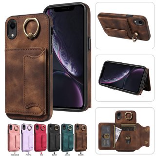 For iPhone XR Card Holder Ring Kickstand PU Leather Case Coffee