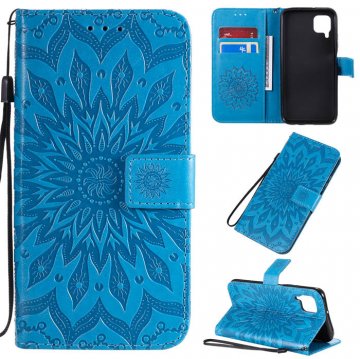 Huawei P40 Lite Embossed Sunflower Wallet Stand Case Blue