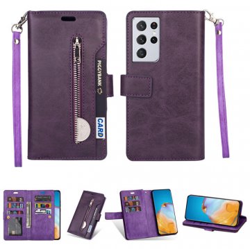 Samsung Galaxy S21/S21 Plus/S21 Ultra Zipper Pocket Wallet Stand Case Purple