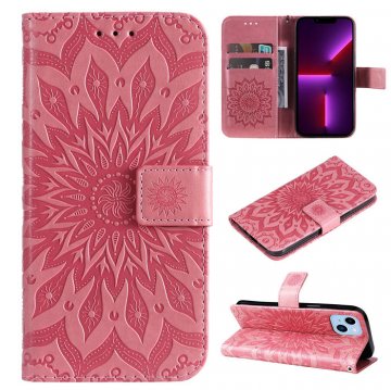 Embossed Sunflower iPhone 14 Wallet Magnetic Case Pink