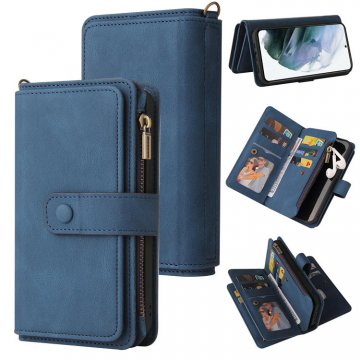 For Samsung Galaxy S21 Wallet 15 Card Slots Case with Wrist Strap Blue