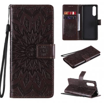 Sony Xperia 5 II Embossed Sunflower Wallet Magnetic Stand Case Brown