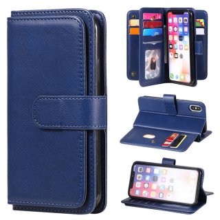 iPhone X/XS Multi-function 10 Card Slots Wallet Leather Case Dark Blue